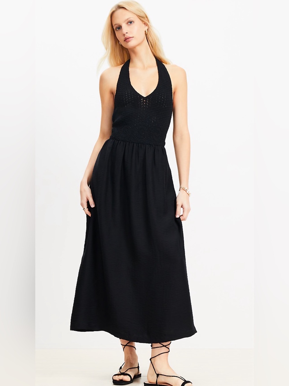 LOFT Halter Midi Dress - Crocheted Bodice -Woven Skirt -Low cut Bodice